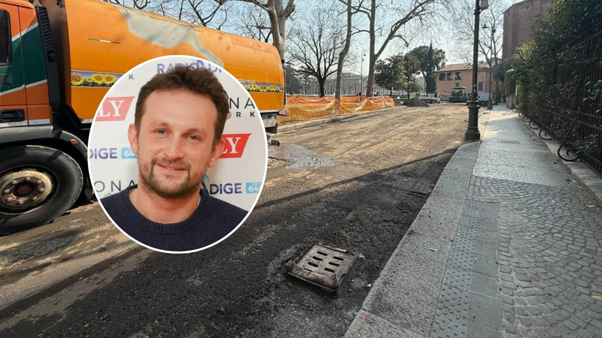 Nel tondo Federico Benini; sullo sfondo asfaltatura in piazzetta Bra Molinari a Verona