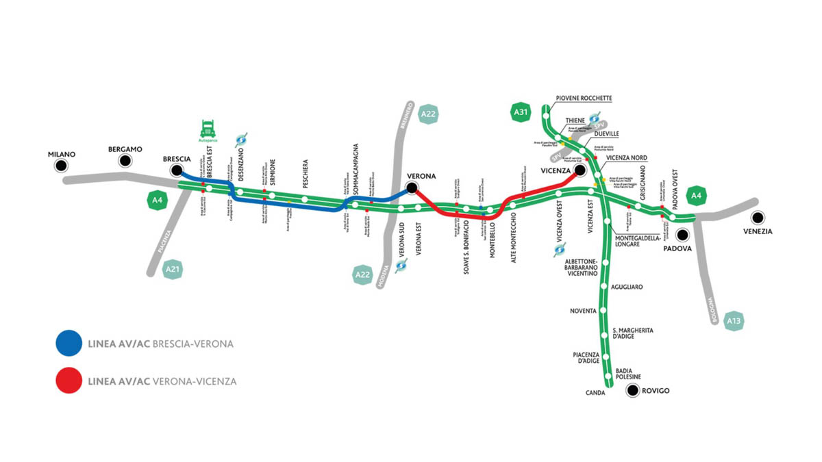 Mappa delle linee AV/AC Brescia-Verona e Verona-Vicenza